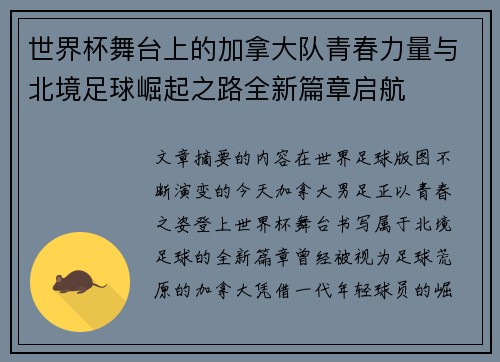 世界杯舞台上的加拿大队青春力量与北境足球崛起之路全新篇章启航