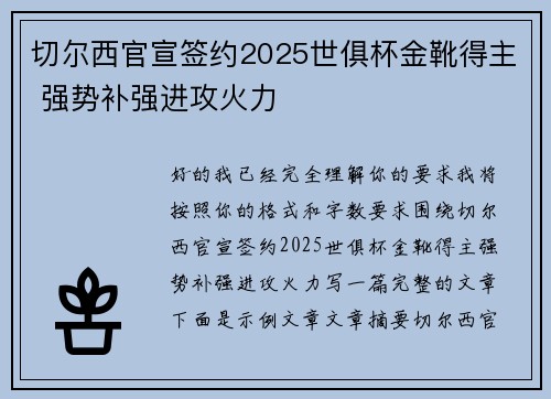 切尔西官宣签约2025世俱杯金靴得主 强势补强进攻火力